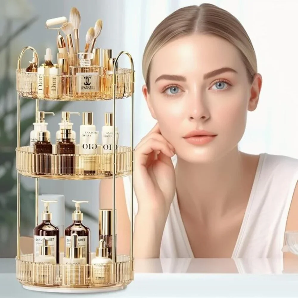 New 360° Rotating Makeup Organizer, Large 3-Tier Cosmetic & Skincare Storage